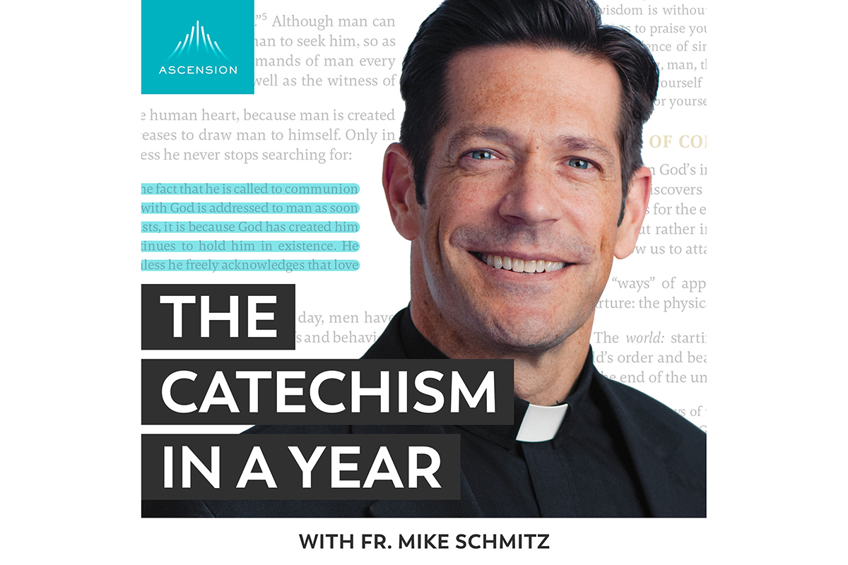 A promotional image for 'The Catechism in A Year' with Fr. Mike Schmitz. The image includes a headshot of Fr. Mike Schmitz and the Ascension Press logo, overlayed on stylized text from the Catechism of the Catholic Church.