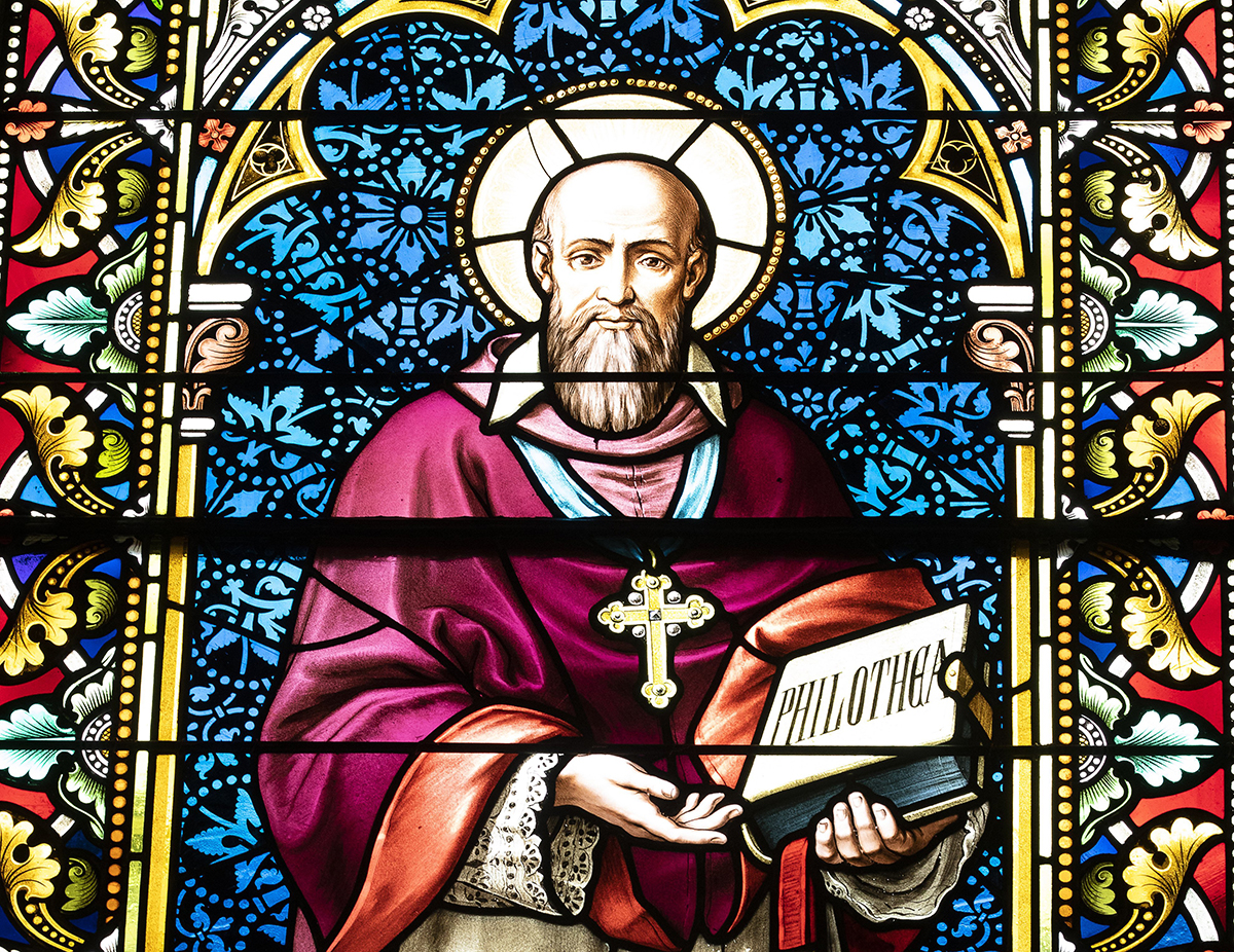 A stained glass image of St. Francis de Sales on the campus of The Catholic University of America in Washington D.C.