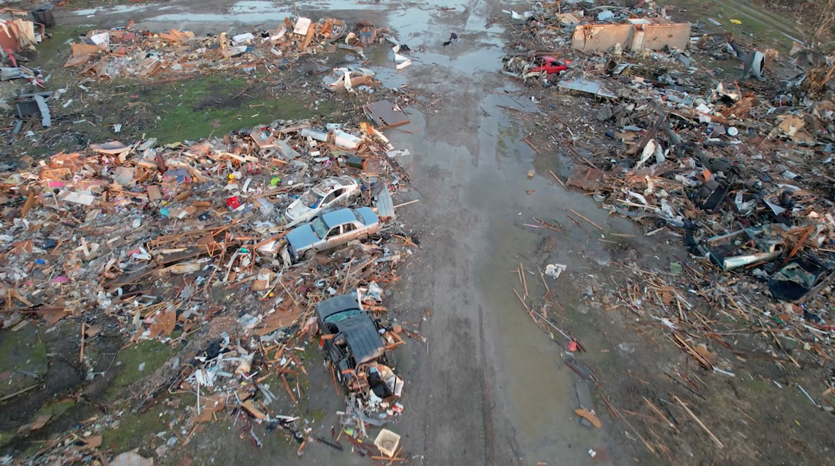 An aerial view of the aftermath of a tornado, in Rolling Fork, Mississippi, U.S. March 25, 2023 in this screengrab obtained from a video. Dozens dead or injured after a least one powerful tornado tore through rural Mississippi March 24. (OSV News photo/SevereStudios.com, Jordan Hall via Reuters)