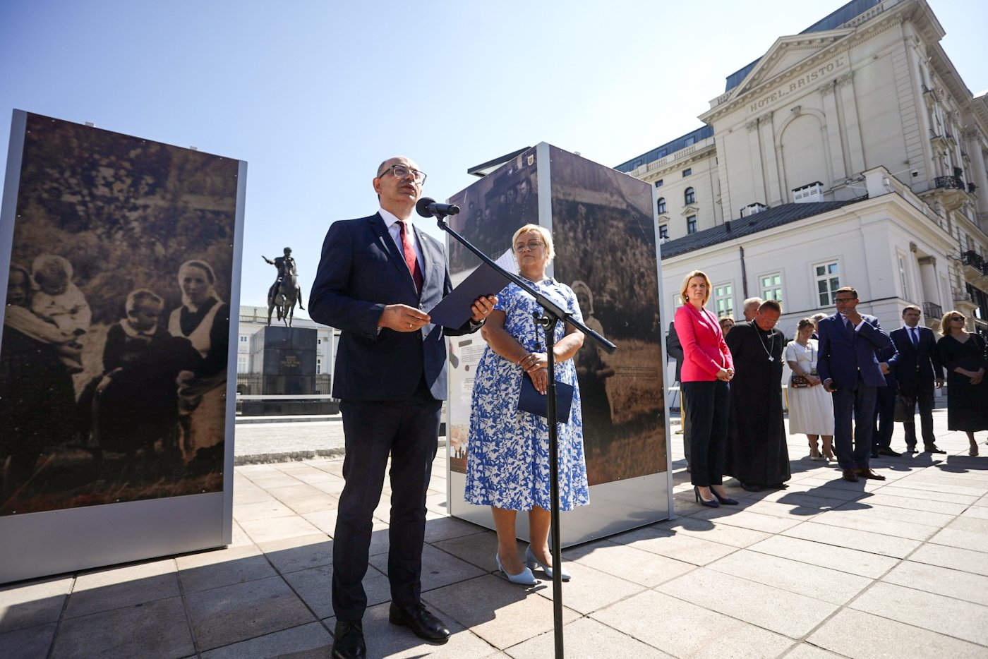 Mateusz Szpytma, vice president of the Polish Institute of National Rememberance speaks during the Aug. 21, 2023, opening of the exhibition "Death for Humanity" about the Ulma family in front of the presidential palace in Warsaw, Poland. Szpytma was in primary school when he learned about his relatives -- the Ulma family -- who were killed by German Nazis during the war. Twenty years later, as an experienced historian, he felt the urge to research the story of his family that he eventually told to the world. (OSV News photo/Slawomir Kasper, courtesy Institute of National Remembrance)