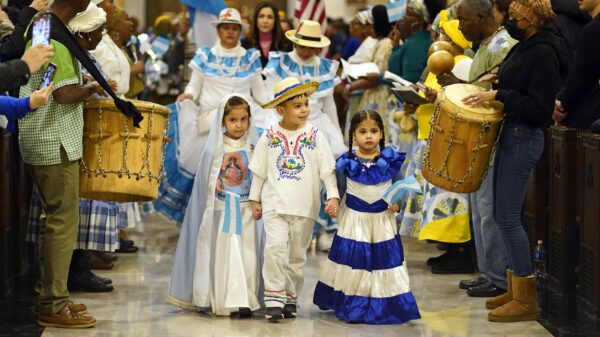 Hispanic heritage month: Children dressed in traditional clothing arrive in procession for a Spanish-language Mass celebrated in honor of Our Lady of Suyapa, patroness of Honduras, at St. Patrick's Cathedral in New York City Feb. 5, 2023. (OSV News photo/Gregory A. Shemitz)