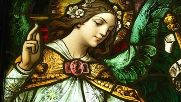 A detail from a stained glass depiction of The Annunciation in the Mausoleum of the Roman Catholic Cathedral of Our Lady of the Angels, Los Angeles, California; originally created in the 1920s for Saint Vibiana Cathedral, Los Angeles. This undated photo is released into the public domain. (OSV news photo/Wikimedia Commons)