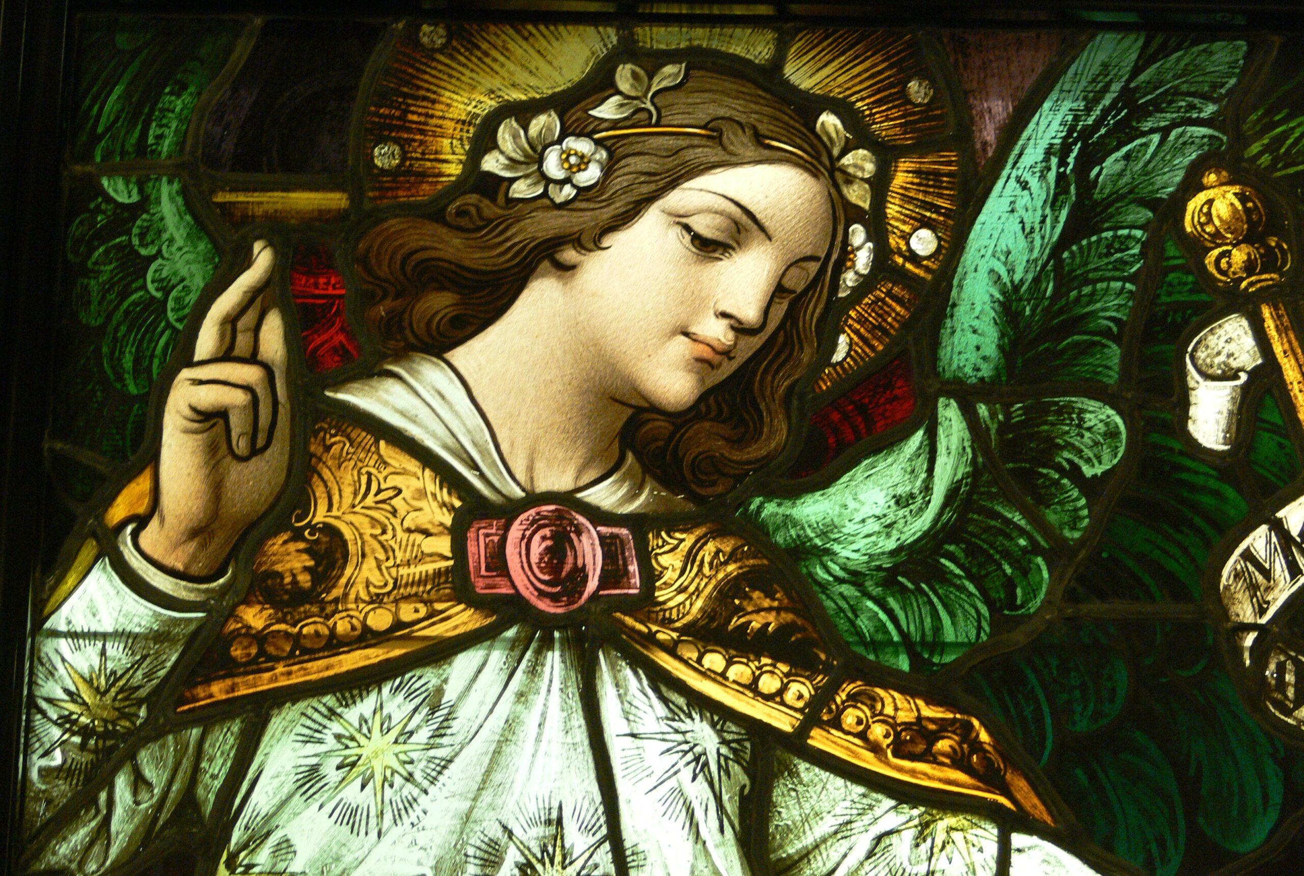 A detail from a stained glass depiction of The Annunciation in the Mausoleum of the Roman Catholic Cathedral of Our Lady of the Angels, Los Angeles, California; originally created in the 1920s for Saint Vibiana Cathedral, Los Angeles. This undated photo is released into the public domain. (OSV news photo/Wikimedia Commons)