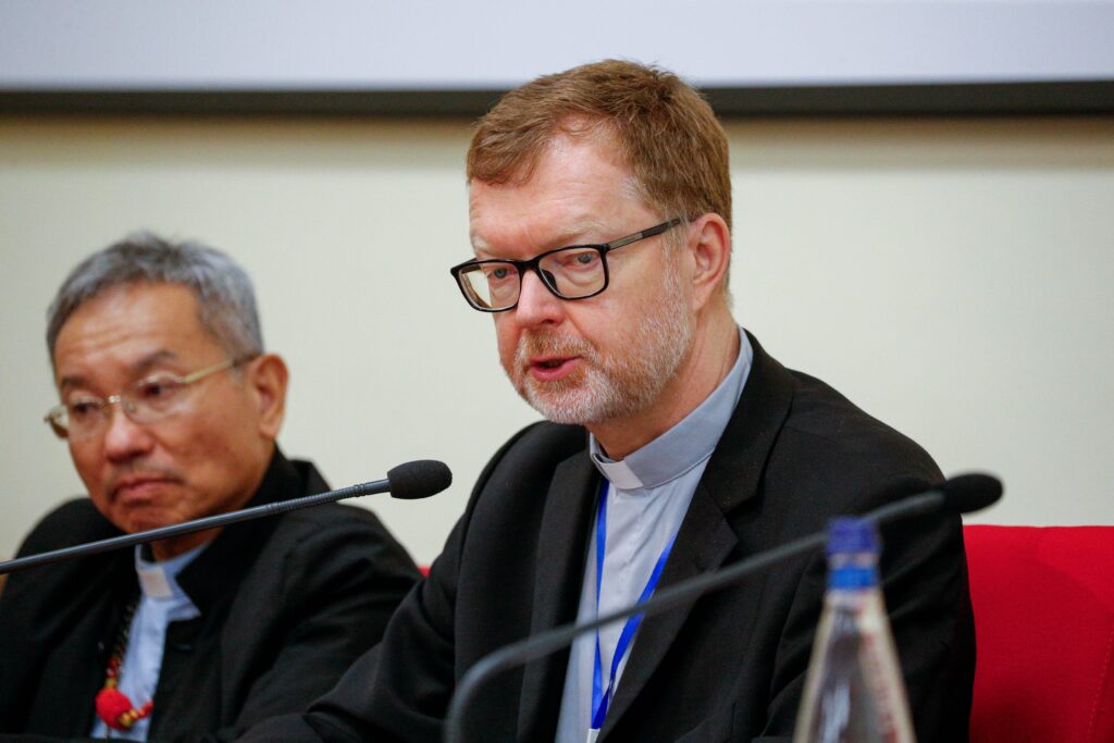 Jesuit Father Hans Zollner, director of the Institute of Anthropology: Interdisciplinary Studies on Human Dignity and Care at Rome's Pontifical Gregorian University, speaks during a news conference at the end of the 2023 International Safeguarding Conference at the Gregorian June 22, 2023. (CNS photo/Lola Gomez)