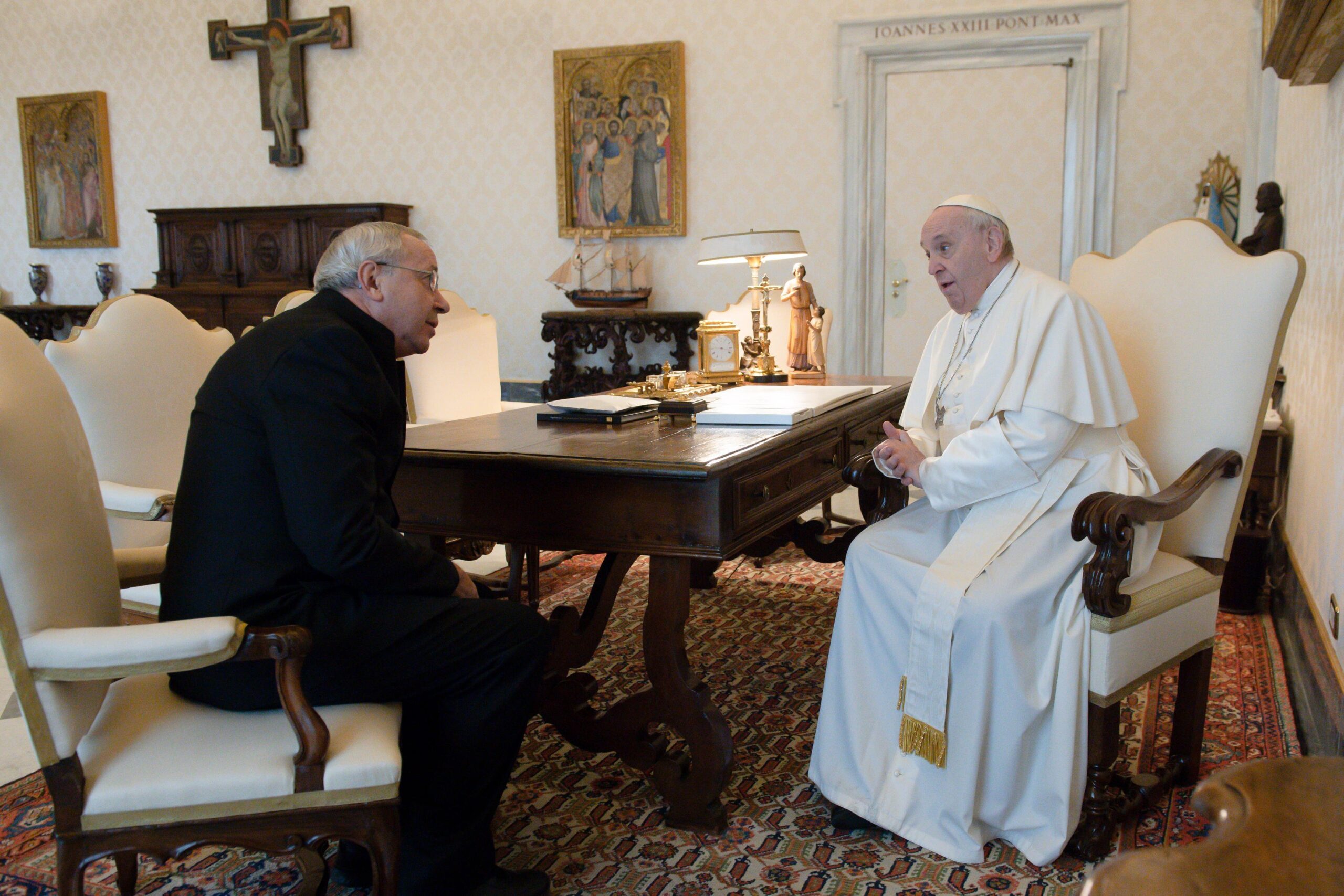 Pope Francis greets then-Jesuit Father Marko Rupnik during a private audience at the Vatican in this Jan. 3, 2022, file photo. Father Rupnik's expulsion from the Jesuits was confirmed July 24, 2023. (CNS photo/Vatican Media)