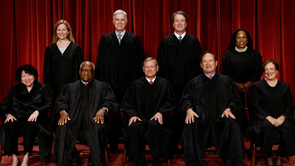 U.S. Supreme Court justices pose for their group portrait at the Supreme Court in Washington Oct. 7, 2022. Seated from left are Justices Sonia Sotomayor and Clarence Thomas, Chief Justice of the United States John G. Roberts Jr., and Justices Samuel A. Alito Jr. and Elena Kagan. Standing from left are Justices Amy Coney Barrett, Neil M. Gorsuch, Brett M. Kavanaugh and Ketanji Brown Jackson. (OSV News photo/Evelyn Hockstein, Reuters)
