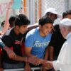 In this file photo, Pope Francis meets refugees at the Moria refugee camp on the island of Lesbos, Greece, in 2016. (CNS photo/Paul Haring)