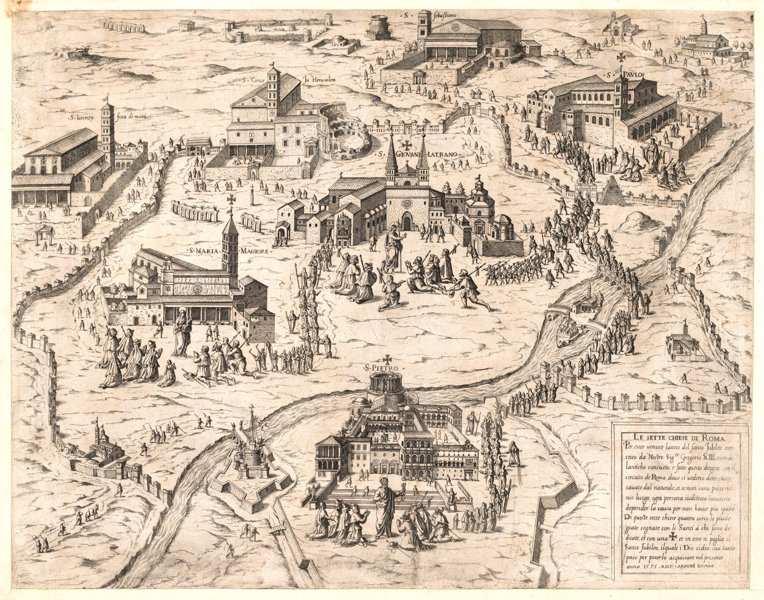 This map (circa 1575) showing lines of pilgrims surrounding the pilgrim churches in Rome is included in an exhibit titled "A Journey of Faith: The Seven Pilgrim Churches of Rome" on display at the Museum of the Bible in Washington through Nov. 8, 2023. (OSV News photo/Museum of the Bible)