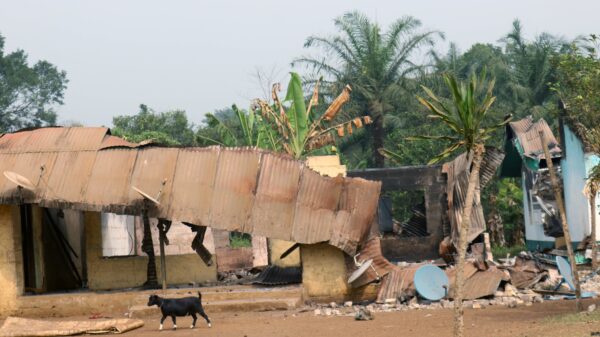 A file photo shows burned and damaged buildings in Kembong, Cameroon. A Catholic priest and three Catholic teachers in Cameroon's troubled southwest region were recovering from bullet wounds after they were shot in what church authorities say was a targeted attack on a Catholic primary school in Kembong Sept. 26, 2023. The attack comes amid seven years of a separatist conflict in the African country. (OSV News photo/Josiane Chemou, Reuters)