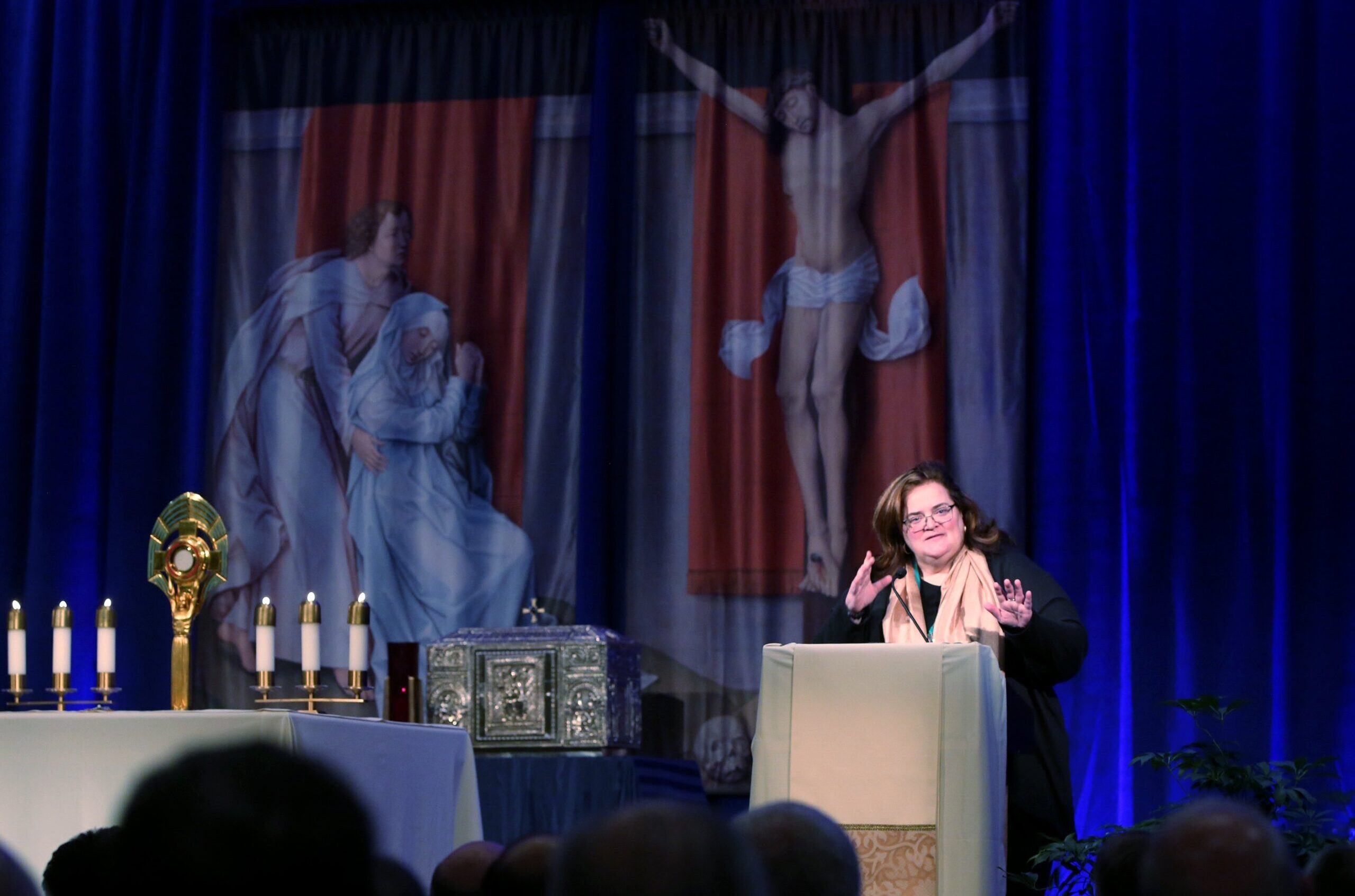 Abuse survivor Teresa Pitt Green of Spirit Fire, a Christian restorative justice initiative founded by two survivors of clergy abuse in the United States, speaks to bishops in the chapel during a day of prayer Nov. 12, 2018, at the fall general assembly of the U.S. Conference of Catholic Bishops in Baltimore. (OSV News photo/CNS file, Bob Roller)