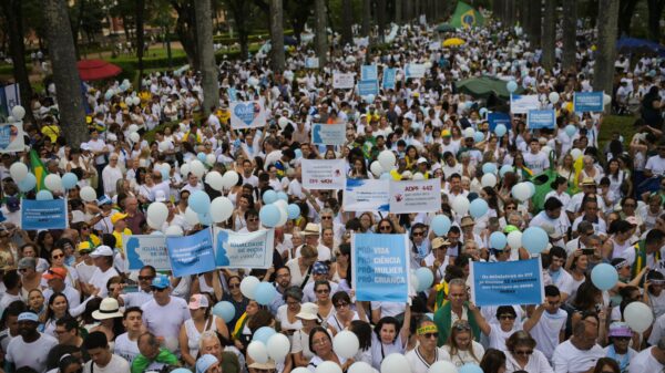 Pro-life activists gather during a protest in Belo Horizonte, Brazil, Oct. 8, 2023. Pro-life activists demonstrated in dozens of Brazilian cities that day to celebrate the country's Day of the Unborn Child and protest against the decriminalization of abortion, a possibility that was being analyzed by the Supreme Court in September. (OSV News photo/Washington Alves, Reuters)