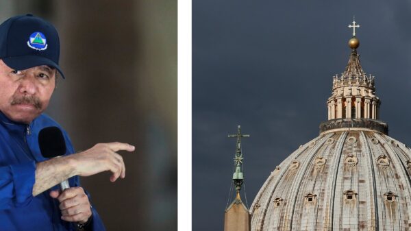 Nicaraguan President Daniel Ortega and the dome of the Vatican's St. Peter's Basilica are pictured in a combination photo. Twelve detained Nicaraguan priests were sent to Rome late Oct. 18, 2023, after an agreement with the Vatican, the Nicaraguan regime said. (OSV News photo/Oswaldo Rivas, Reuters/CNS file, Paul Haring)