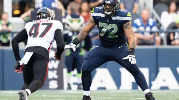 Seattle Seahawks No. 72, offensive tackle Abraham "Abe" Lucas -- a self-described "hard-core Catholic" -- is pictured in 2022 during a game against the Atlanta Falcons. (OSV News photo/Saskia Potter, courtesy Seattle Seahawks)
