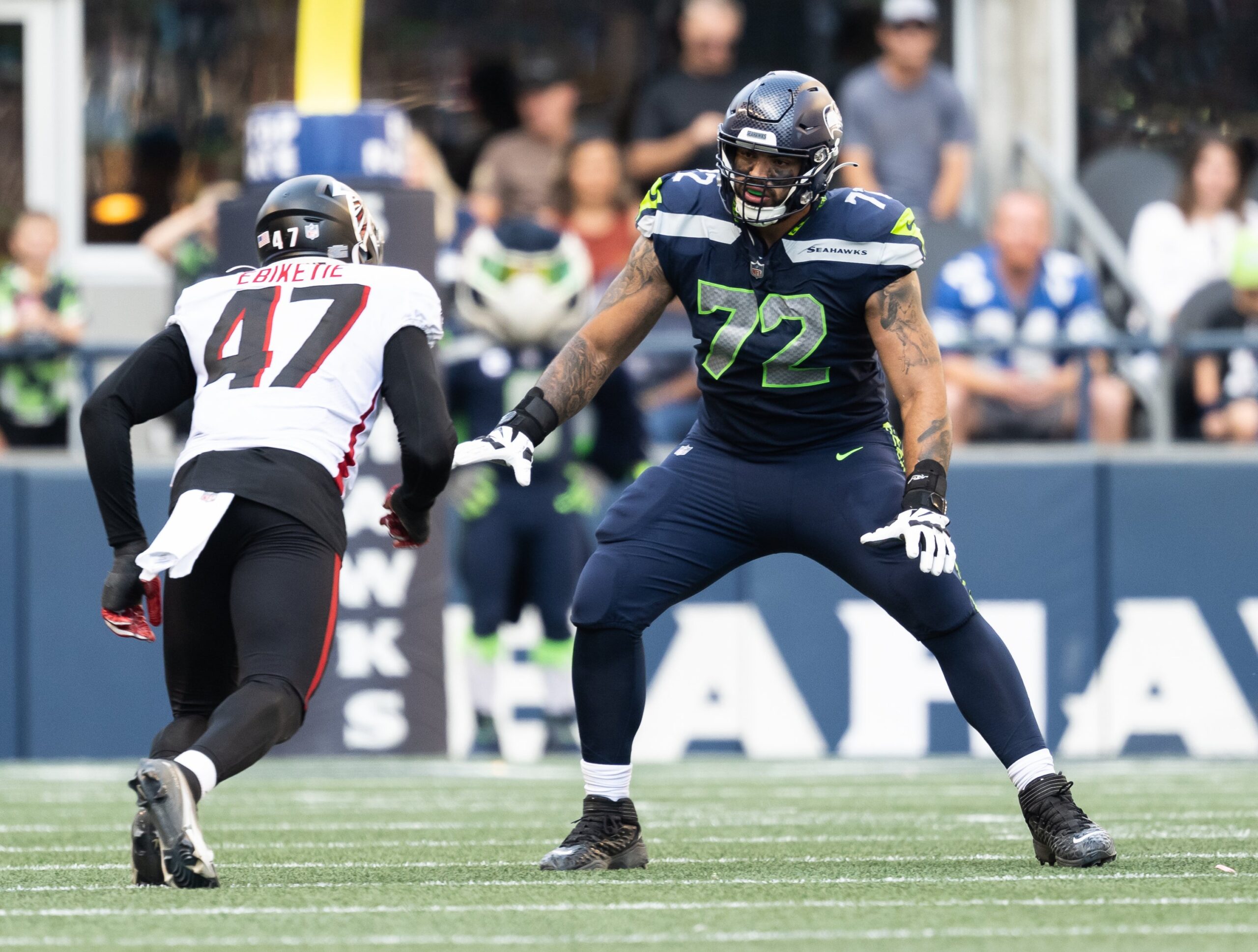 Seattle Seahawks No. 72, offensive tackle Abraham "Abe" Lucas -- a self-described "hard-core Catholic" -- is pictured in 2022 during a game against the Atlanta Falcons. (OSV News photo/Saskia Potter, courtesy Seattle Seahawks)