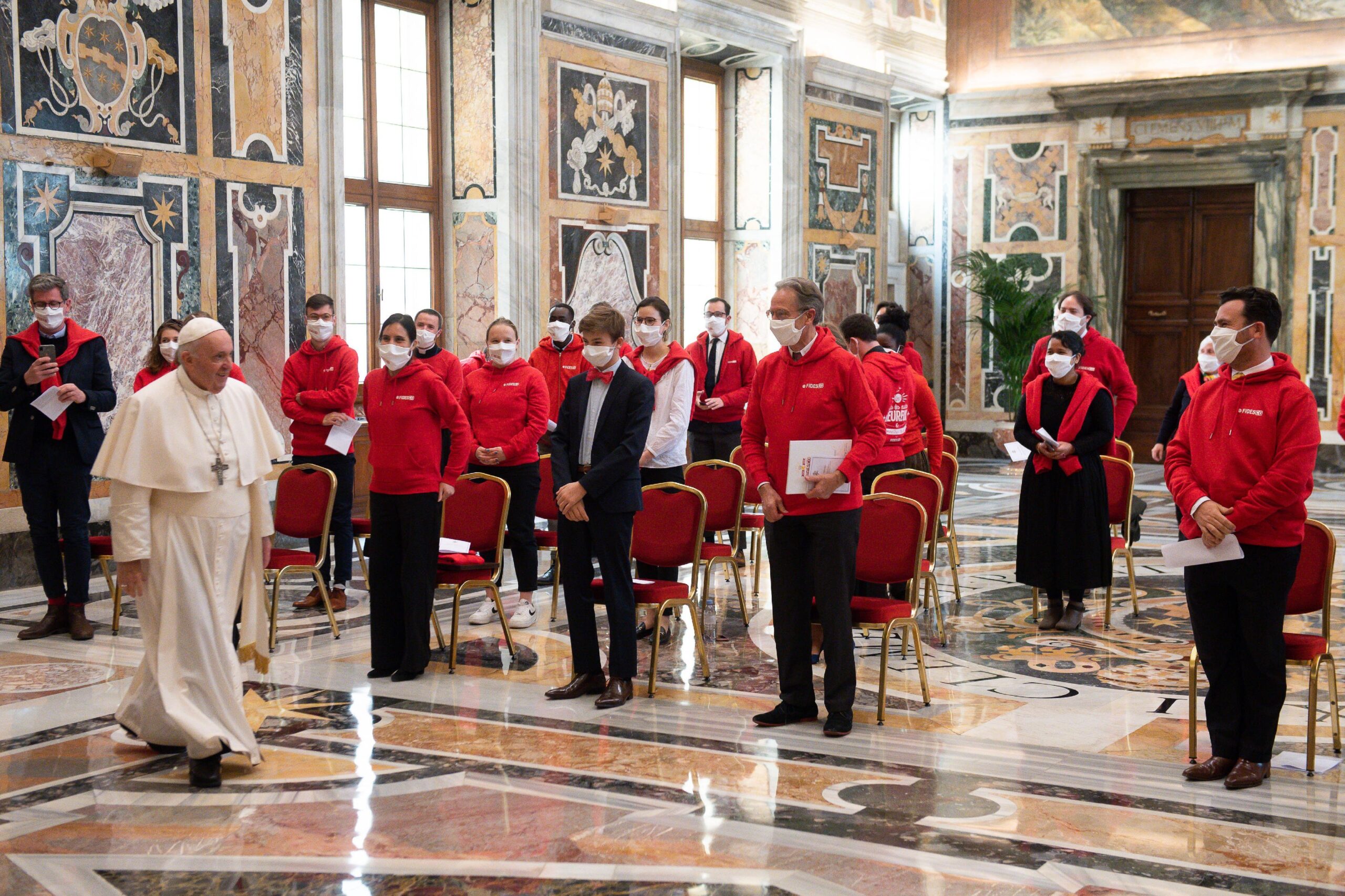 Pope Francis arrives for an audience with members of Fidesco at the Vatican March 20, 2021. Fidesco is a Catholic organization that recruits and deploys people for missionary and development work. (OSV News photo/Vatican Media)