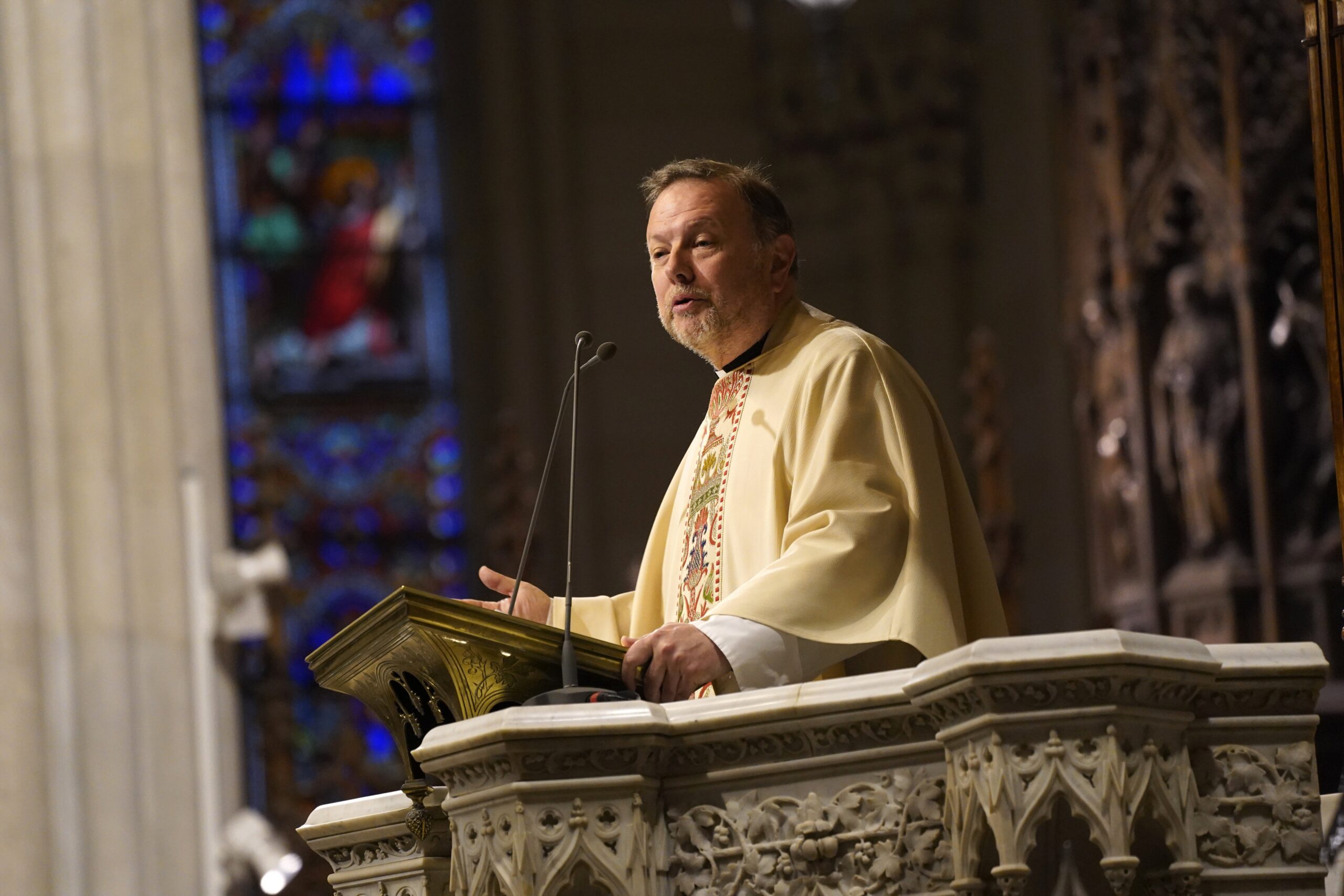 Msgr. Kieran Harrington, national director of the Pontifical Mission Societies-USA, delivers the homily during the St. Patrick's Day Mass at St. Patrick's Cathedral in New York City March 17, 2023. (OSV News photo/Gregory A. Shemitz)