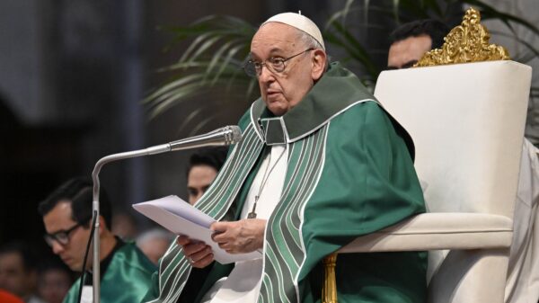 Pope Francis gives the homily at Mass in St. Peter's Basilica at the Vatican Oct. 29, 2023, marking the conclusion of the first session of the Synod of Bishops on synodality. (CNS photo/Vatican Media)