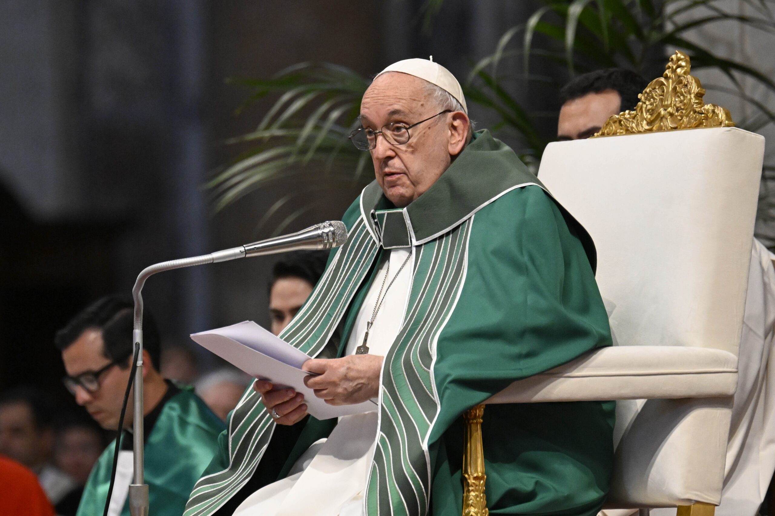 Pope Francis gives the homily at Mass in St. Peter's Basilica at the Vatican Oct. 29, 2023, marking the conclusion of the first session of the Synod of Bishops on synodality. (CNS photo/Vatican Media)