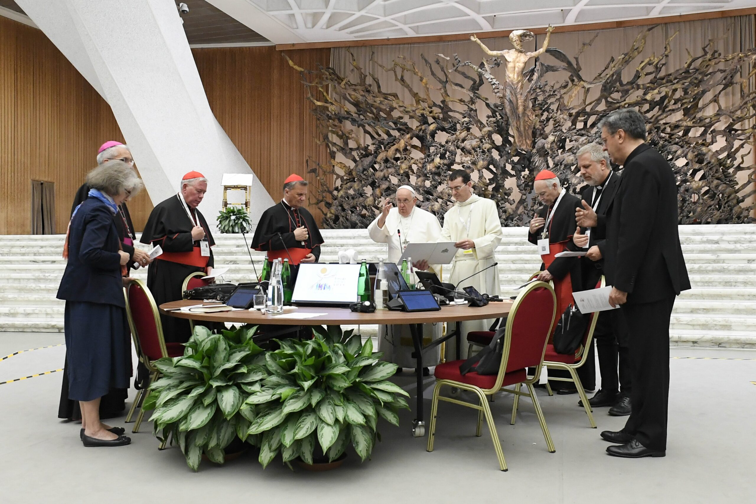 Pope Francis gives his blessing at the conclusion of the assembly of the Synod of Bishops' last working session Oct. 28, 2023, in the Paul VI Hall at the Vatican. (CNS photo/Vatican Media)