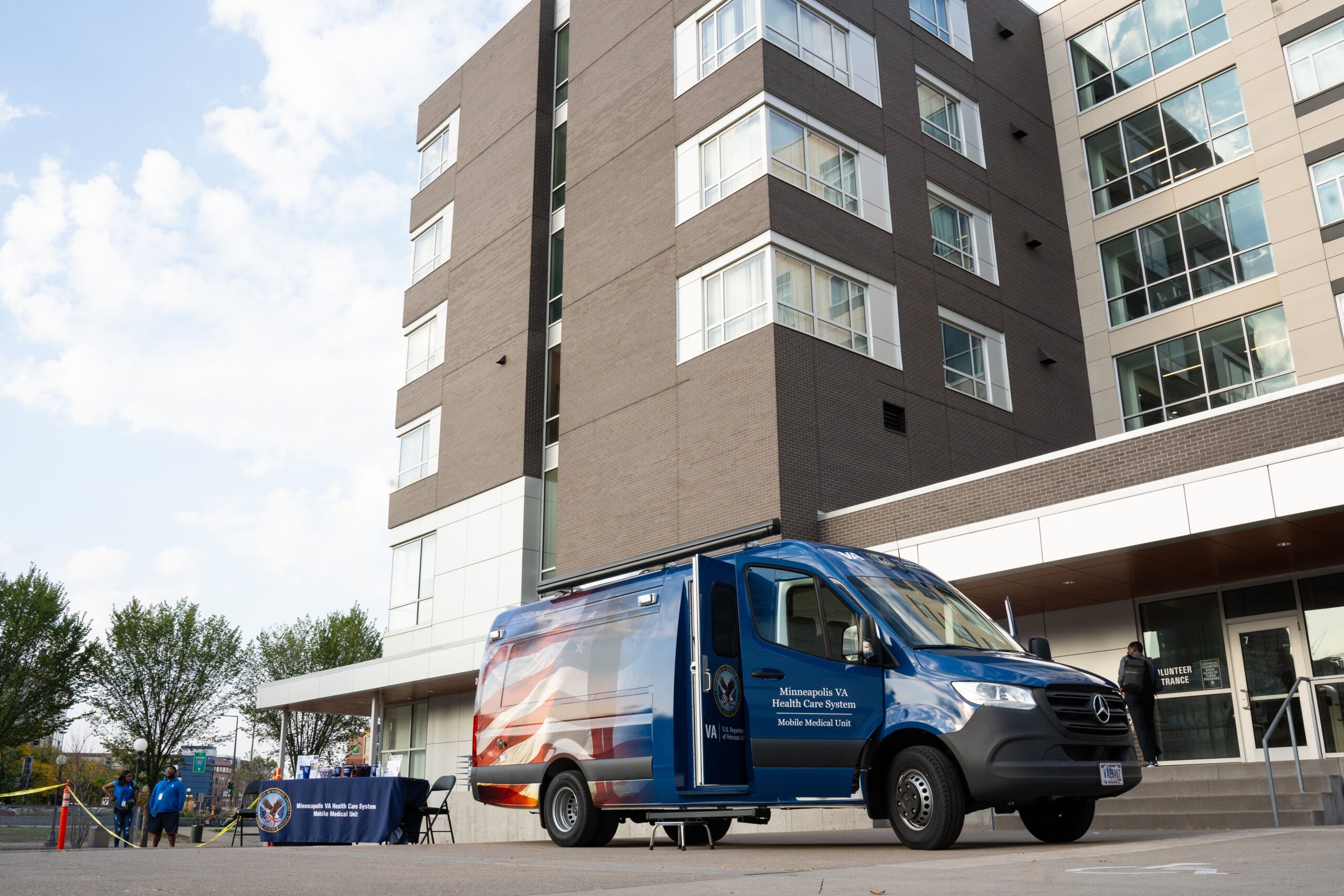 A new mobile medical unit provided by the U.S. Department of Veterans Affairs, seen in an undated photo, sits outside the campus of Catholic Charities Twin Cities' Dorothy Day Center in St. Paul, Minn. The MMU contains medical supplies and equipment to assist veterans experiencing homelessness. (OSV News photo/courtesy Catholic Charities Twin Cities)