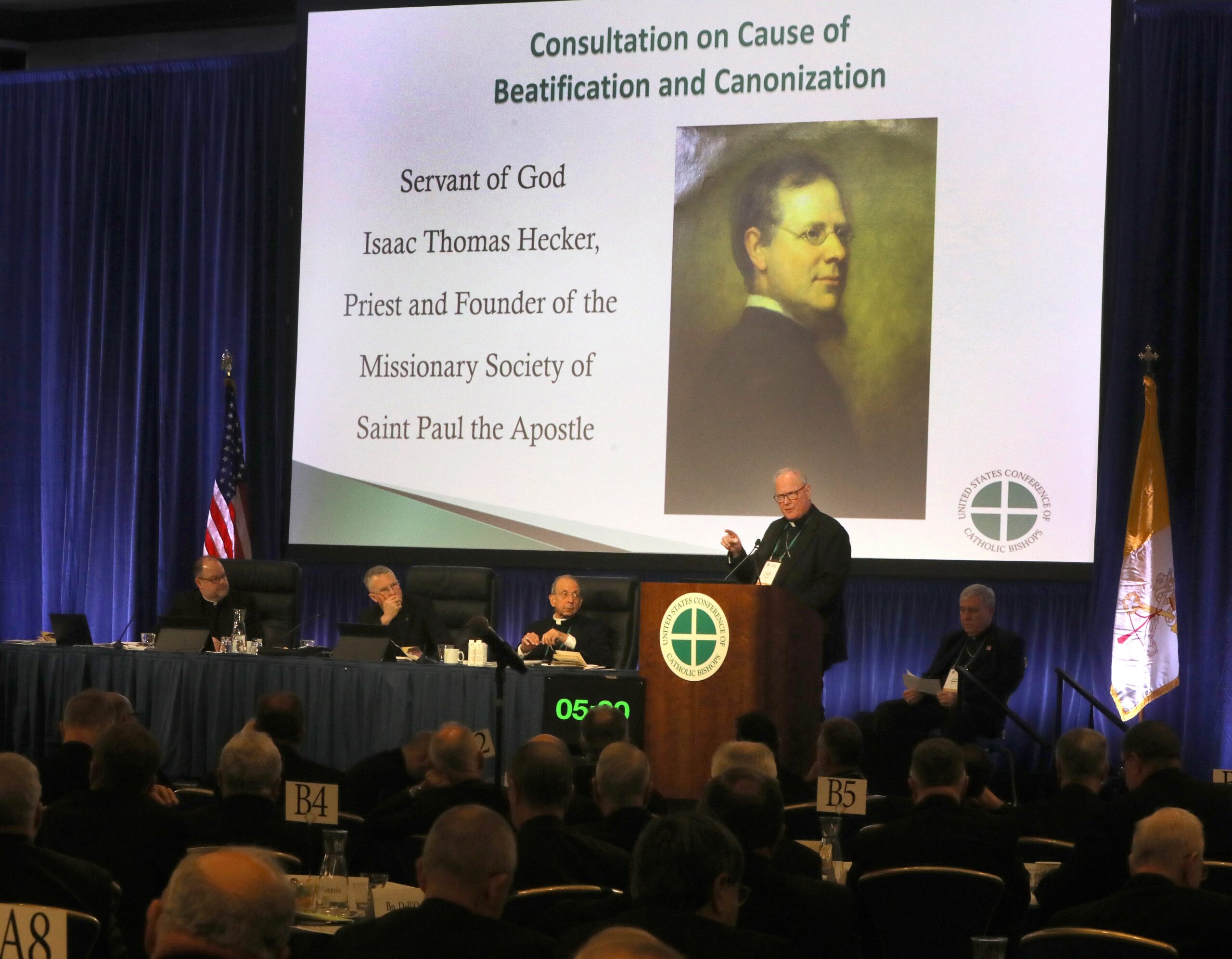 New York Cardinal Timothy M. Dolan speaks during a Nov. 14, 2023, session of the fall general assembly of the U.S. Conference of Catholic Bishops in Baltimore. Cardinal Dolan was addressing the bishops prior to their vote to support on the sainthood cause of Father Isaac Thomas Hecker, founder of the Missionary Society of St. Paul the Apostle. (OSV News photo/Bob Roller)
