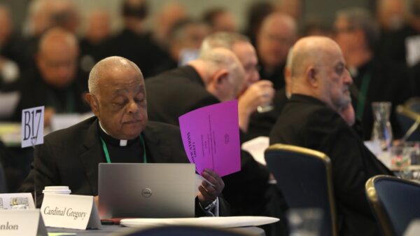 Cardinal Wilton D. Gregory of Washington looks over paperwork during a Nov. 15, 2023, session of the fall general assembly of the U.S. Conference of Catholic Bishops in Baltimore. (OSV News photo/Bob Roller)