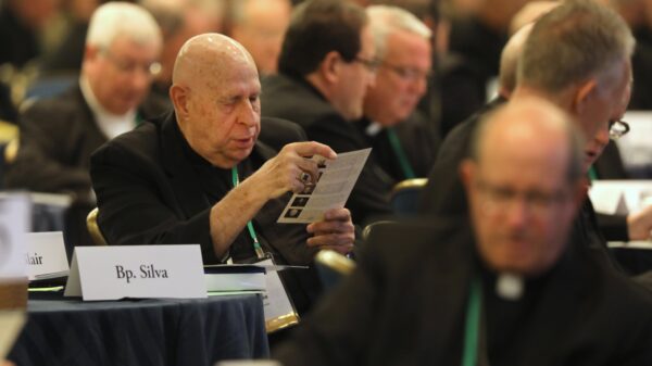 Bishops pray during a Nov. 14, 2023, session of the fall general assembly of the U.S. Conference of Catholic Bishops in Baltimore. (OSV News photo/Bob Roller)