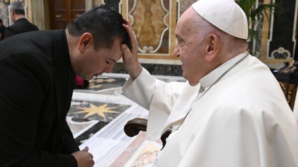 Pope Francis blesses a member of the National Association of Hispanic Priests after a meeting in the Clementine Hall of the Apostolic Palace at the Vatican Nov. 16, 2023. (CNS photo/Vatican Media)