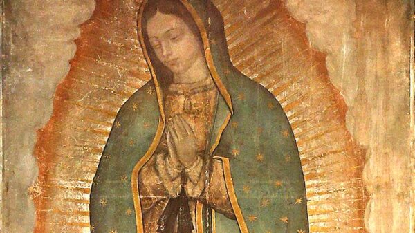 La imagen original de Nuestra Señora de Guadalupe impresa en la tilma de San Juan Diego se ve en la basílica de Ciudad de México el 13 de febrero de 2016. El 12 de diciembre de 2031 se cumplirán 500 años de la aparición de María a San Juan Diego. (Foto de CNS/Paul Haring)