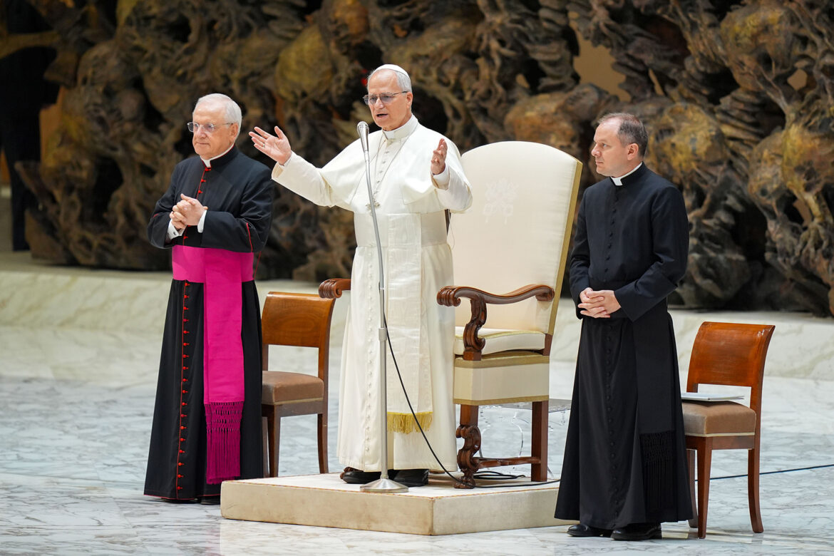 Pope Leo XIV greets visitors and pilgrims as he arrives in the Paul VI Audience Hall at the Vatican for his weekly general audience Aug. 20, 2025. (CNS photo/Lola Gomez) At a time when many governments seem unable promote peace, justice and development for all, Christians must be prophetic, reaching out to others and daring to try something new, Pope Leo XIV said in a message to the Meeting at Rimini.