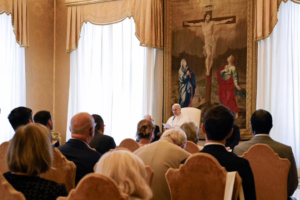 Pope Leo XIV addresses Catholic politicians and civic leaders from the Diocese of Créteil, France, at the Vatican Aug. 28, 2025. (CNS photo/Vatican Media)