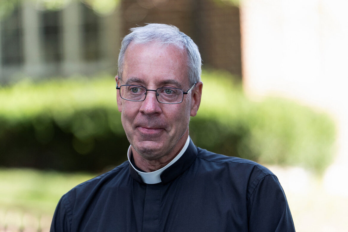 Father Dennis Zehren, pastor of Annunciation Church in Minneapolis, becomes emotional as he speaks to the media Aug. 30, 2025, about the recent shooting at the church. The shooter opened fire with a rifle through the windows of the church and struck children attending Mass Aug. 27 during the first week of school, killing two and wounding at least 21 others. (OSV News photo/Tim Evans, Reuters)
