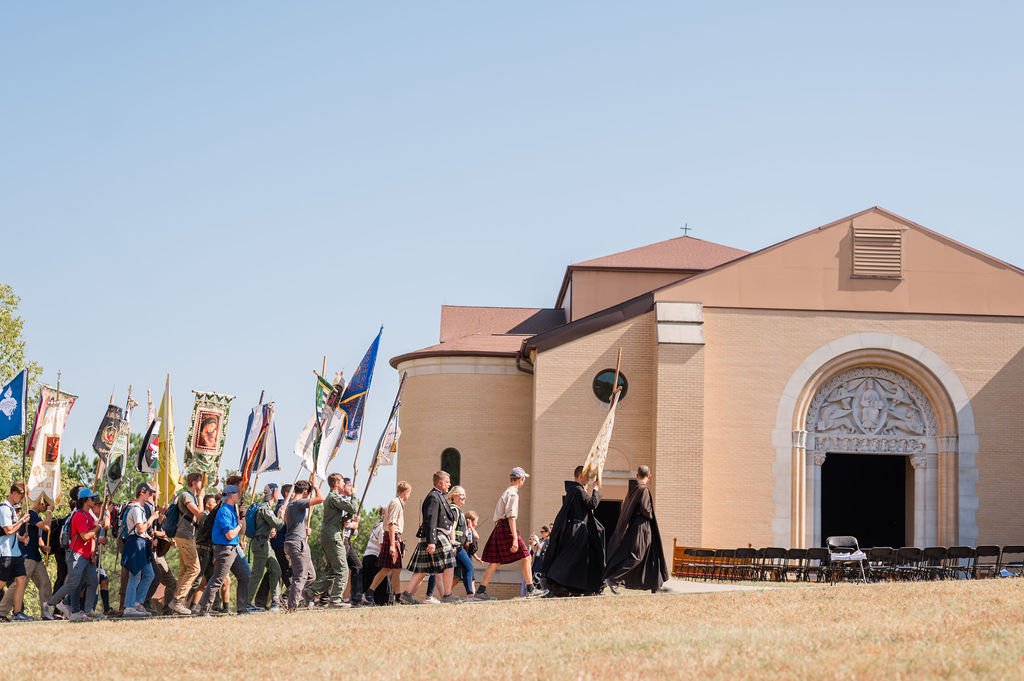 Pilgrims are pictured in a 2024 photo arriving at Clear Creek Abbey at the end of the Three Hearts Pilgrimage in Hulbert, Okla. (OSV News photo/Michelle Buscemi, Three Hearts Pilgrimage)