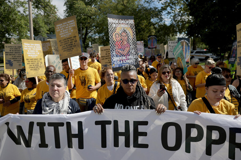 Members of a Catholic group take part in a procession near the U.S. Immigration and Customs Enforcement (ICE) Broadview facility in Chicago Oct. 11, 2025. An ICE presence around St. Jerome Catholic Church in the Rogers Park neighborhood of Chicago Oct. 12 is highlighting the religious liberty reasons behind the United States Conference of Catholic Bishop's intervention in a federal case are asking to protect churches as sensitive locations. (OSV News photo/Jeenah Moon, Reuters)