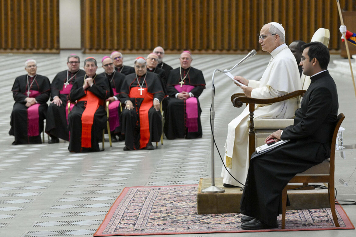 Pope Leo XIV speaks to participants in a conference on "Mysticism, Mystical Phenomena and Holiness," in the Vatican audience hall Nov. 13, 2025. (CNS photo/Vatican Media)