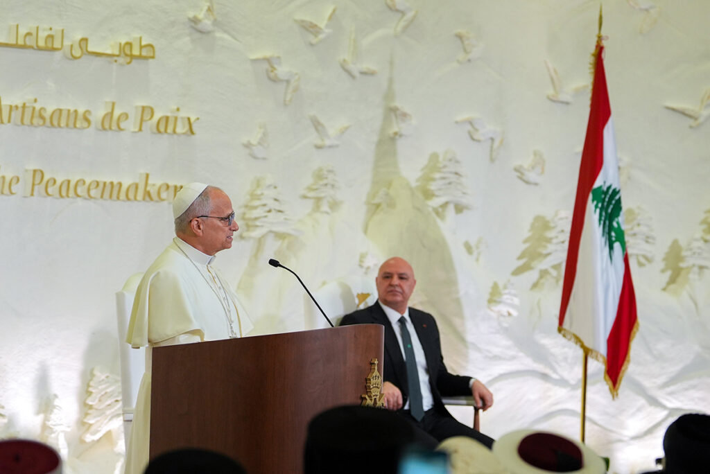 Pope Leo XIV addresses Lebanese President Joseph Aoun, government officials, as well as religious, business, cultural and civic leaders at the presidential palace in Beirut Nov. 30, 2025. (CNS photo/Lola Gomez)