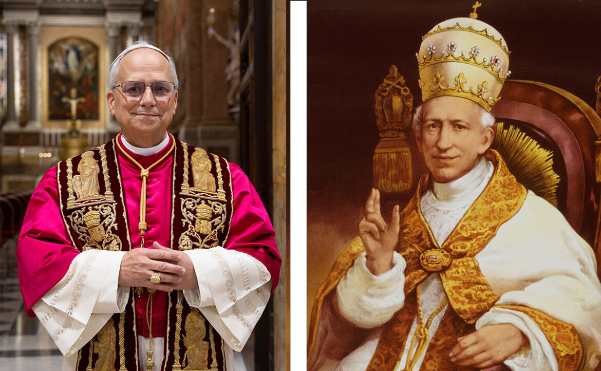 Pope Leo XIV, soon after his election May 8, 2025, and Pope Leo XIII, who was pope from 1878 until his death in 1903, depicted in this official Vatican portrait, are pictured in a combination photo. Both popes are noted for liking word games, with Pope Leo XIV playing a daily online word puzzle while his predecessor and namesake, Pope Leo XIII, anonymously published wordplay riddles in Latin. (OSV News photo/CNS/Vatican Media/Library of Congress)