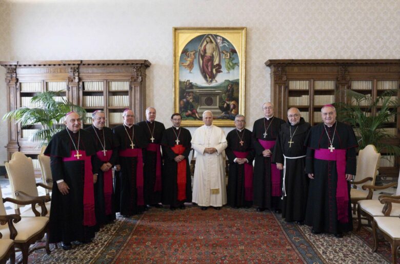 Pope Leo XIV poses with the Executive Committee of the Spanish bishops' conference during a private audience at the Vatican Nov. 17, 2025. With the Vatican confirming Pope Leo XIV's trip to Spain in June 2026, plans for the upcoming visit are full steam ahead, the organizer of the visit said. (OSV News photo/Vatican media via CPP)