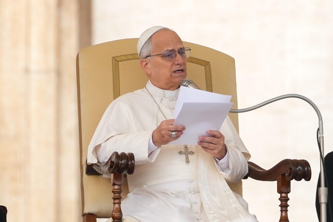 Pope Leo XIV talks during his weekly general audience in St. Peter's Square at the Vatican March 11, 2026. (CNS photo/Lola Gomez)