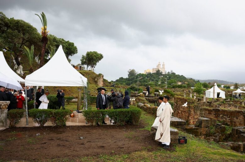 Pope Leo XIV visits the archaeological site of Hippo Regius in Annaba, Algeria, April 14, 2026. (OSV News photo/Guglielmo Mangiapane, Reuters)
