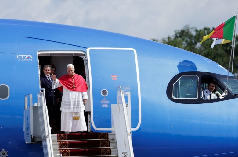 Pope Leo XIV arrives at Yaoundé Nsimalen International Airport in Cameroon April 15, 2026. Pope Leo is scheduled to meet with Cameroon religious and political leaders, traditional chiefs, peacemakers, as well as faithful during his April 15-18 visit. (OSV News photo/Luc Gnago, Reuters)