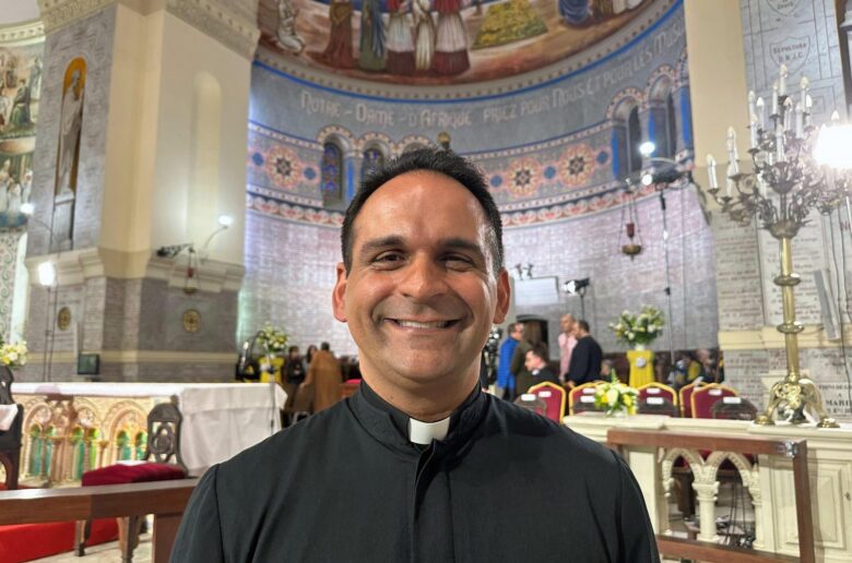 Father Jean Fernandes, rector of the Cathedral of the Sacred Heart in Algiers, Algeria, spoke with OSV News at the Basilica of Our Lady of Africa in Algiers ahead of Pope Leo XIV’s visit to the basilica April 13, 2026. (OSV News photo/Courtney Mares)