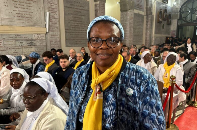 Sister Brigitte Zawadi of the Missionary Sisters of Our Lady of Africa, who is originally from the Democratic Republic of the Congo, is one of the many religious who filled the Basilica of Our Lady of Africa in Algiers, Algeria, waiting for Pope Leo XIV’s visit with the Algerian community April 13, 2026. (OSV News photo/Courtney Mares)