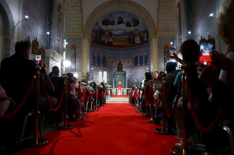 Pope Leo XIV attends a meeting with the Algerian community at the Basilica of Our Lady of Africa in Algiers, Algeria, April 13, 2026. (OSV News photo/Guglielmo Mangiapane, Reuters)