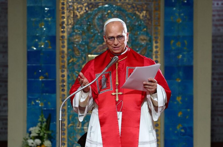Pope Leo XIV attends a meeting with the Algerian community at the Basilica of Our Lady of Africa in Algiers, Algeria, April 13, 2026. (OSV News photo/Guglielmo Mangiapane, Reuters)