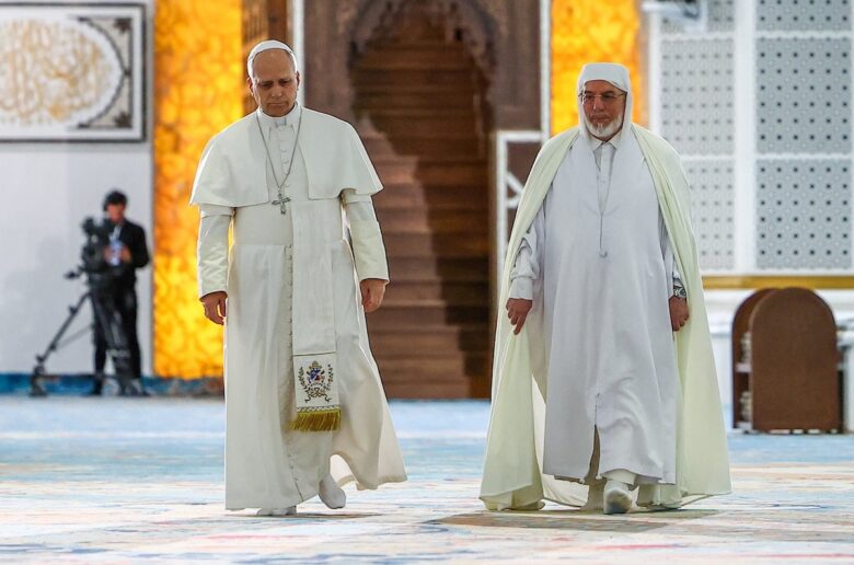 Pope Leo XIV and Rector of the Great Mosque of Algiers Mohammed Al-Mamoun Al-Qasimi Al-Hassani during a visit to the Great Mosque of Algiers (Djamaa El Djazair), in Mohamadia, Algiers, Algeria, April 13, 2026. (OSV News photo/Guglielmo Mangiapane, Reuters)