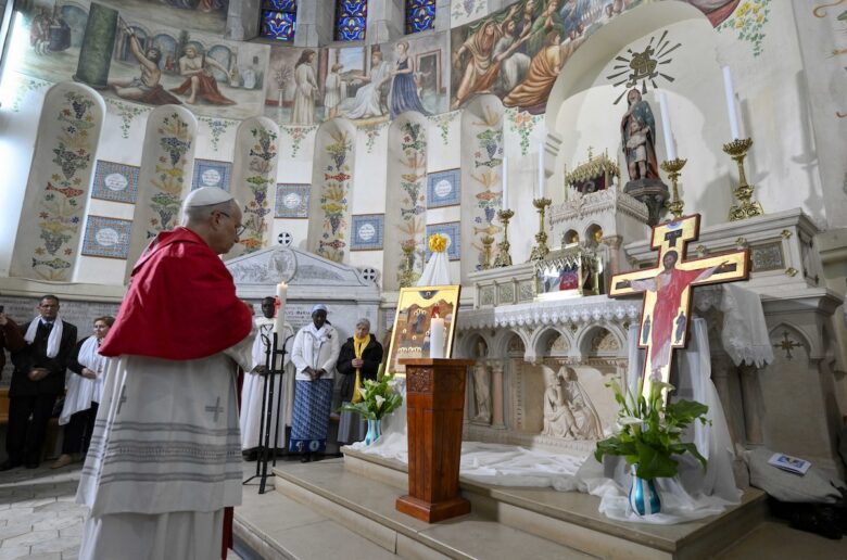 Pope Leo XIV prays during meeting with the Algerian community at the Basilica of Our Lady of Africa in Algiers, Algeria, April 13, 2026. (OSV News photo/Simone Risolutie, Vatican Media)