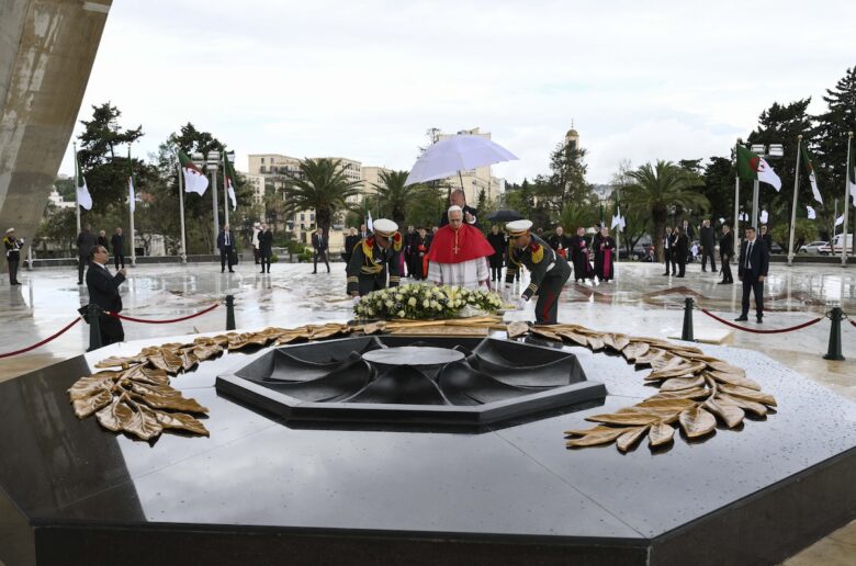 Pope Leo XIV lays a wreath at Maqam Echahid (Martyr's Memorial) in El Madania municipality in Algiers, Algeria, April 13, 2026. (OSV News photo/Simone Risoluti, Vatican Media)