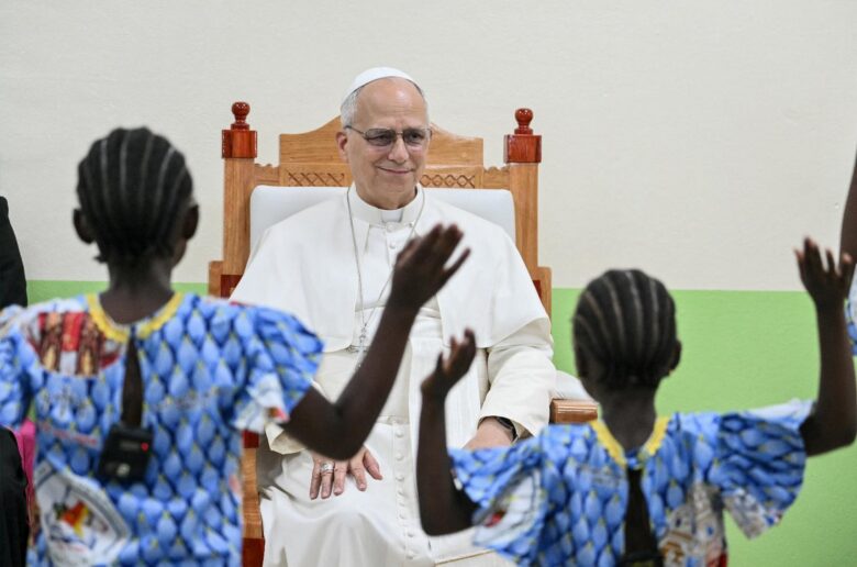 Pope Leo XIV watches children perform as he visits the Ngul Zamba Orphanage in Yaoundé, Cameroon, April 15, 2026. (OSV News photo/Alberto Pizzoli, pool via Reuters)