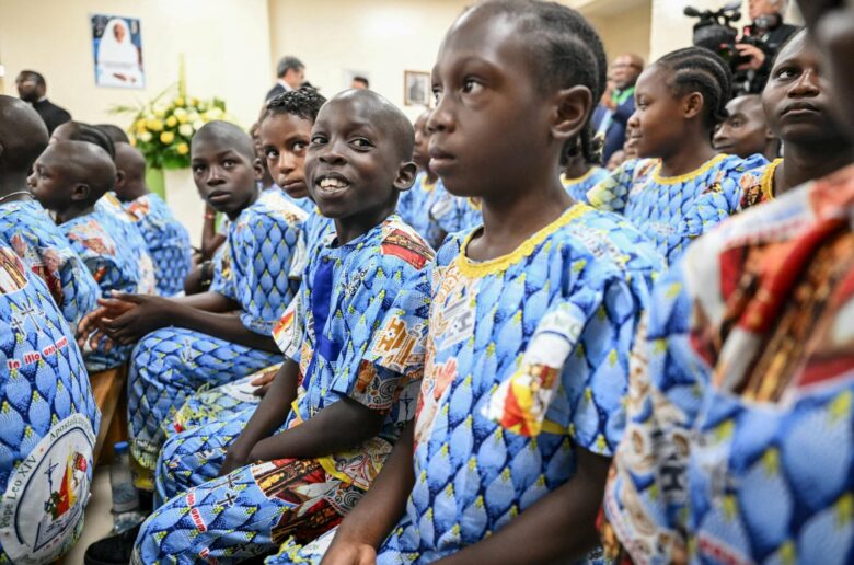 Children are pictured as Pope Leo XIV visits the Ngul Zamba Orphanage in Yaoundé, Cameroon, April 15, 2026. (OSV News photo/Alberto Pizzoli, pool via Reuters)
